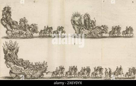 Drei Wagen, nummeriert 5-7, 1749, drei Wagen oder Triumphwagen mit allegorischen Figuren in der Parade während der Feier am 3. Mai 1749 zum 600. Jahrestag der Heiligblutprozession in der Stadt Brügge. Blatt B mit den Wagen 5-7. Blatt ausschneiden und aufkleben., Druck, Druckerei: Bernard Verschoot, (auf Objekt erwähnt), Südholland, 1749, Papier, Ätzen, Höhe, 175 mm x Breite, 295 mm Stockfoto