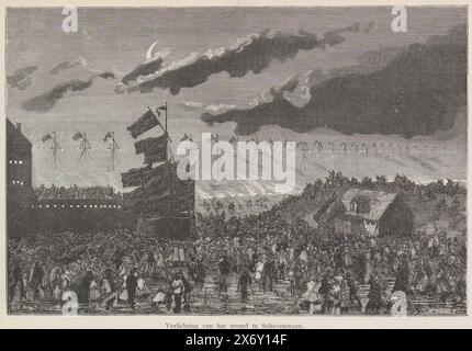 Beleuchtung in Scheveningen, 1874, Beleuchtung des Strandes in Scheveningen (Titel über Objekt), Beleuchtung am Strand von Scheveningen während des Besuchs des Königs, 19. Mai 1874. Illustration in einer Kopie des Gedenkbuchs der Feierlichkeiten im Mai 1874 anlässlich des 25. Jahrestages der Regierungszeit von König Willem III., Druck, Druckerei: Fortune Louis Méaulle, (erwähnt auf dem Objekt), Druckerei: Daniel Urrabieta Vierge, (erwähnt auf dem Objekt), nach Zeichnung von: Henry Havard, Druckerei: Frankreich, Druckerei: Frankreich, nach Zeichnung: Niederlande, Verlag: Arnhem, 1874, Papier Stockfoto