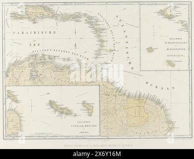 Karte der Niederländischen Antillen, Allgemeine Sammelkarte der Niederländischen Westindien-Besitzungen (Titel auf Objekt), Karte des nördlichen Teils Südamerikas mit den Niederländischen Territorien. Zwei Wetten mit Karten der Inseln Curacao, Bonaire und Aruba sowie der Inseln Sint Maarten, Saba und Sint Eustatius. Teil des Blechs 'Views from the Netherlands' West Indies'., Druck, nach Zeichnung von Gerard Voorduin, (erwähnt auf Objekt), Drucker: Steendrukkerij de Industrie, (erwähnt auf Objekt), Verlag: Frans Buffa en Zonen, (erwähnt auf Objekt), Drucker: Utrecht, Verlag: Amsterdam Stockfoto