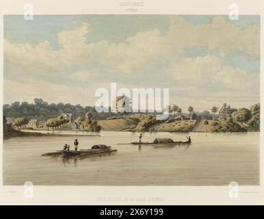 Post Gelderland und Juden Savanne (Flussseite) (Titel auf Objekt), Blick vom Suriname Fluss auf die Juden Savanne und die Militärpost Gelderland. Einige Schiffe auf dem Fluss. Teil des Blechs "Views from the Netherlands' West Indies"., Druck, Druckerei: jonkheer Jacob Eduard van Heemskerck van Beest, (auf dem Gegenstand erwähnt), nach Zeichnung von Gerard Voorduin, (auf dem Gegenstand erwähnt), Drucker: Steendrukkerij de Industrie, (auf dem Gegenstand erwähnt), Druckerei: Niederlande, Drucker: Utrecht, Verlag: Amsterdam, 1860 - 1862, Papier, lackiert, Höhe ca. 500 mm x Breite ca. 670 mm Stockfoto