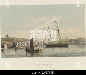 Hafen von Willemstad, Curacao. Anlegeplatz der Kriegsschiffe im Hafen (Titel auf Objekt), Blick auf den Teil des Hafens von Willemstad, in dem die Kriegsschiffe anlegen. Auf dem Schild steht auch: Belvedere, Werf van den HR. Van der Meulen und Fort Nassau. Teil des Blechs "Views from the Netherlands' West Indies"., Druck, Druckerei: jonkheer Jacob Eduard van Heemskerck van Beest, (auf dem Gegenstand erwähnt), nach Zeichnung von Gerard Voorduin, (auf dem Gegenstand erwähnt), Drucker: Steendrukkerij de Industrie, (auf dem Gegenstand erwähnt), Druckerei: Niederlande, Drucker: Utrecht, Verlag: Amsterdam, 1860 - 1862 Stockfoto