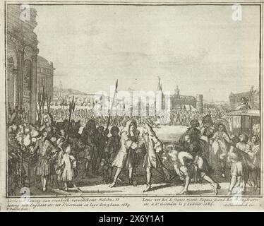 König Jakob II. Wurde 1689 von Ludwig XIV. Begrüßt, Louis, König der Großbretagne usw. mit seiner Ankunft in Yrlant und weiteren Veranstaltungen, I Teil (Serientitel auf Objekt), wird der geflohene englische König Jakob II. Von König Ludwig XIV. Auf der Burg Château de Saint-Germain-en-Laye am 5. Januar 1689 begrüßt. Platte P in der Reihe 'English Theatre' über die ruhmreiche Revolution und Ereignisse aus den Vorjahren 1685-1689 (erster Teil). Mit Untertiteln in Niederländisch und Französisch., Druck, Druckerei: Pieter Pickaert, (erwähnt auf Objekt), Verlag: Adriaen Schoonebeek, (erwähnt auf Objekt), Amsterdam, 1689, Papier, Ätzen Stockfoto