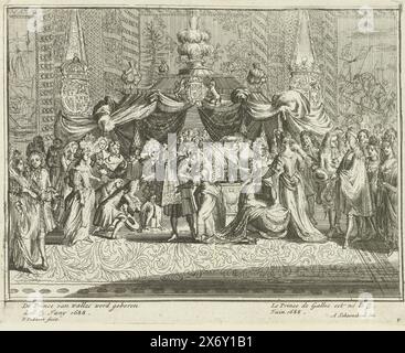 Geburt des Prinzen von Wales, 1688, der Prinz von Wales wurde am 10/20. Juni 1688 geboren (Titel über Objekt), englische Bühne, die den Flug von Jakob II., König der Großen Bretagne, etc. Mit seiner Ankunft in Yrlant und weiteren Vorfällen, I Teil (Serientitel über Objekt) darstellt, Geburt von Jacobus Frans Eduard, Prinz von Wales, 20. Juni 1688. Das Entbindungszimmer der Königin mit vielen Besuchern wird das Kind von einem Geistlichen aufgehalten. Platte F in der Reihe 'English Theatre' über die ruhmreiche Revolution und Ereignisse aus den Vorjahren 1685-1689 (erster Teil). Mit Untertiteln in Niederländisch und Französisch., Print, Printmaker Stockfoto