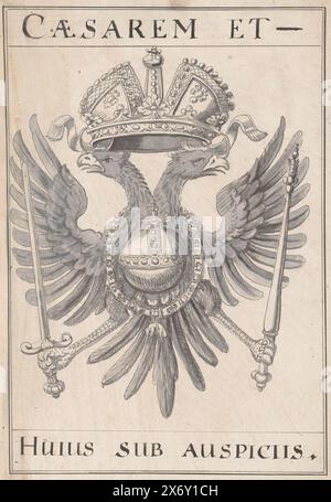 Allegorisches Emblem beim Frieden von Rijswijk, 1697, Emblem mit dem gekrönten doppelköpfigen österreichischen Adler, mit goldenem Vlies und Zepter und Schwert in den Klauen. Inschrift: Caesarem et-, Huius sub auspiciis. Entwurf für eine Dekoration für die Feier des Friedens von Rijswijk 1697., Zeichnung, Zeichner: Anonym, Nordholland, 1697, Papier, Stift, Pinsel, Höhe, 295 mm x Breite, 206 mm Stockfoto