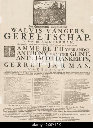 Auktionsticket für Walfänger-Werkzeuge, einseitig bedrucktes Blatt Papier, Ober- und Holzschnitt mit Darstellung eines Walfangs, darunter Text in großen Buchstaben (siehe Inschrift), untere Hälfte in drei Spalten das zu versteigernde Material. Aufschrift; oben: „Ein außergewöhnlich gut ausgestatteter Werkzeugkasten für Walfänger, zum Verkauf in Amsterdam am Montag, 12. Oktober 1767. Genau um 6 Uhr abends. TAMME Beth Ysbrandsz Anthony van der Glint, Anthony Jacob Danckerts und Gerret Jarman, Immobilienmakler '. Ersetzen Sie den Ort: AMS. In den Nes bei Naarder Steeg, Dokument, Drucker: Jacobus Stanhoffius, (erwähnt auf Stockfoto