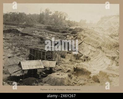 Tagebau A1 und A2 Kohleflöze. Marine Brikette Coal (Titel auf Objekt), Tagebau im Tagebau, wo Kohle (Brikettkohle) für die Marine gefördert wird. Teil des Lose-Leaf-Fotoalbums, das die Mitarbeiter der Boekit-Asam Coal Mines in Sumatra dem scheidenden Ingenieur-Direktor H. Tromp am 7. Januar 1922 präsentierten., Foto, anonym, Boekit-Asam, 1921 - 1922, fotografischer Träger, Gelatinedruck, Höhe, 279 mm x Breite, 392 mm Stockfoto