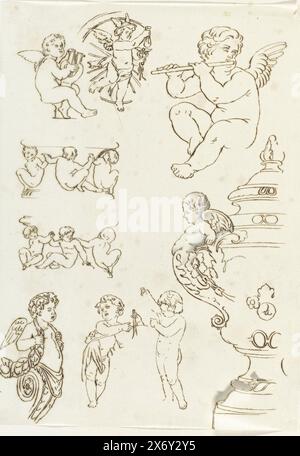 Neun Ornamente mit Putti und Quecksilber, oben links ein Putto spielt auf einer Leier, neben ihm ist Quecksilber dargestellt., Zeichnung, Zeichner: Anonym, nach Entwurf: Anonym, ca. 1866 - ca. 1900, Putto, Zeichnung, Höhe, 300 mm x Breite, 216 mm Stockfoto