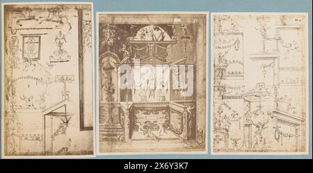 Drei Fotoreproduktionen von dekorativen Bildern, links und rechts (44 und 45) Zeichnungen verschiedener Dekorationen auf einem Blatt, Mitte (43) ein Druck von zwei Putten in einem reich verzierten Innenraum von Giovanni da Udine., Foto, anonym, nach Druck von: Giovanni Martini, (erwähnt auf Objekt), nach Zeichnung von: Anonym, Europa, ca. 1875 - ca. 1900, Karton, Albumendruck, Höhe, 320 mm x Breite, 495 mm Stockfoto