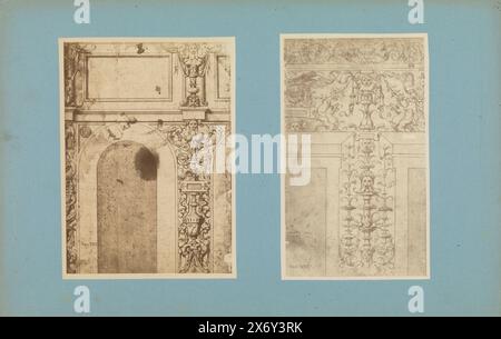 Zwei Fotoreproduktionen von Zeichnungen von Wanddekorationen, links (88) Zeichnung grotesker Wanddekoration, rechts (89) Zeichnung grotesker Wanddekoration mit Maskenköpfen., Foto, anonym, nach Zeichnung von: Anonym, Europa, ca. 1875 - ca. 1900, Karton, Albumendruck, Höhe, 319 mm x Breite, 501 mm Stockfoto