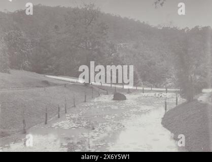 Teich mit Seerosen mit bewaldetem Hang im Hintergrund, Foto, A. Kaulfuss, (auf dem Objekt erwähnt), Penang, 1880 - 1885, baryta-Papier, Höhe, 206 mm x Breite, 287 mm Stockfoto