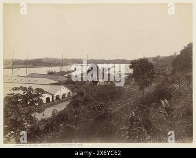 Blick auf die Gebäude, Kais und die Umgebung der Tanjong Pagar Dock Co. Ltd. In Singapur, Panorama aus fünf Blättern aus dem Haus des Verwalters der Kai (Titel auf Objekt), Panorama bestehend aus fünf Drucken. Teil des Fotoalbums der Tanjong Pagar Dock Co. Ltd. In Singapur., photograph, G.R. Lambert & Co., (zugeschrieben), Singapur, ca. 1890 - in oder vor 1905, fotografischer Träger, Albumendruck, Höhe, 267 mm x Breite, 361 mm, Höhe ca. 267 mm x Breite ca. 1715 mm Stockfoto