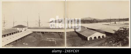 Blick auf die Gebäude, Kais und die Umgebung der Tanjong Pagar Dock Co. Ltd. In Singapur, Panorama aus fünf Blättern aus dem Haus des Verwalters der Kai (Titel auf Objekt), Panorama bestehend aus fünf Drucken. Teil des Fotoalbums der Tanjong Pagar Dock Co. Ltd. In Singapur., photograph, G.R. Lambert & Co., (zugeschrieben), Singapur, ca. 1890 - in oder vor 1905, fotografischer Träger, Albumendruck, Höhe, 266 mm x Breite, 336 mm, Höhe, 266 mm x Breite, 336 mm, Höhe ca. 267 mm x Breite ca. 1715 mm Stockfoto