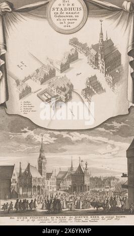 Blick auf das Alte Rathaus in Amsterdam und die angrenzenden Gebäude, das Alte Rathaus und die angrenzenden Gebäude, wie sie im Jahr 1544 waren (Titel auf Objekt), Druck mit zwei Bildern. Unten ein Blick auf das Alte Rathaus, die Waag, die Nieuwe Kerk und andere umliegende Gebäude, wie sie um das Jahr 1615 herum sahen. Oben, in einem Vorhang, ein Blick aus der Vogelperspektive auf das Alte Rathaus und die umliegenden Gebäude, wie sie 1544 sahen., Druck, Druckerei: Anonym, nach Entwurf von: Cornelis Anthonisz., nach Zeichnung von: Claes Jansz. Visscher (II), (auf dem Gegenstand erwähnt), ca. 1765, Papier, Ätzen, Höhe Stockfoto