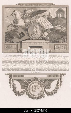 Allegorisches Porträt von Nicolas Boileau, Porträts französischer historischer Figuren (Serientitel), Les illustres francais, ou tableaux historiques des grands hommes de la France (Serientitel), Druck, Druckerei: Nicolas Ponce, (auf Objekt erwähnt), nach Zeichnung von: Clément Pierre Marillier, (auf Objekt erwähnt), Franse kroon, (auf Objekt erwähnt), Frankreich, 1790 - 1816, Papier, Ätzen, Gravieren, Höhe, 338 mm x Breite, 229 mm Stockfoto