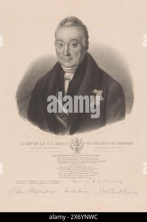 Porträt von Adam Francois Jules Armand van der Duyn, z. Excie Herr A.F.J.A. Graf van der Duijn van Maasdam (Titel zum Objekt), unter dem Porträt die Unterschriften von Gijsbert Karel van Hogendorp, dem Sitter, und Leopold van Limburg Stirum., Druck, Druckerei: Hendrik Frederik Sartor (zum Gegenstand erwähnt), nach Entwurf von Jean-Baptiste Van der Hulst (zum Gegenstand erwähnt), Herausgeber: Anthonius Johannes van Tetroode (zum Gegenstand erwähnt), The Haag, 1839 und/oder 1849, Papier, Höhe, 410 mm x Breite, 322 mm, Höhe, 444 mm x Breite, 358 mm Stockfoto