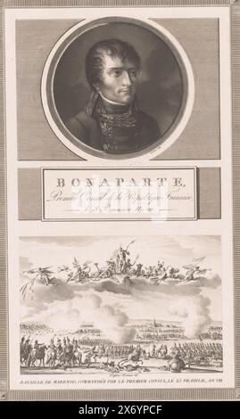 Porträt von Napoleon I. Bonaparte über der Schlacht von Marengo, Druck, Druckerei: Charles Francois Gabriel Levachez, (auf dem Objekt erwähnt), nach Zeichnung von Jean Duplessis-Bertaux, (auf dem Objekt erwähnt), Verlag: Auber, (auf dem Objekt erwähnt), Paris, 1800 - ca. 1820, Papier, Ätzen, Höhe, 378 mm x Breite, 237 mm Stockfoto