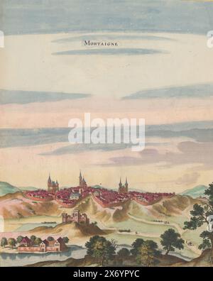 Ansicht von Mortagne-au-Perche, Mortaigne (Titel auf Objekt), dieser Druck ist Teil eines Albums., Druck, Druckerei: Anonym, Herausgeber: Caspar Merian, Anna Beeck, Verlag: Frankfurt am Main, den Haag, 1657, Papier, Gravur, Ätzen, Höhe, 344 mm x Breite, 284 mm, Höhe, 532 mm x Breite, 320 mm Stockfoto