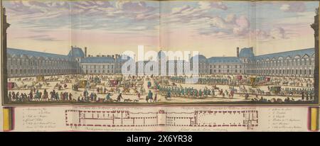 Blick auf den Palais des Tuileries vom Garten aus, Aussicht auf das Palais namens Les Tuilleries van de Tuynsyde, Veuë du Palais des Tuilleries du costé du Jardin (Titel zum Objekt), Blick auf den Palais des Tuileries vom Garten aus. Verschiedene Figuren im Vordergrund. Unterhalb der Szene befindet sich eine Karte des Erdgeschosses und ein Index. Druck ist Teil eines Albums., Druck, Druckerei: Aldert Meyer, nach Zeichnung von: Israël Silvestre, (erwähnt auf Objekt), Verlag: Carel Allard, (erwähnt auf Objekt), Druckerei: Nord-Niederlande, nach Zeichnung von: Paris, Verlag: Amsterdam Stockfoto