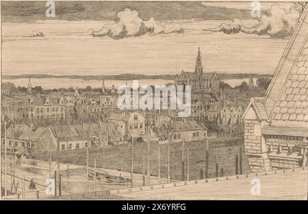 Blick auf Haarlem (Originaltitel), im Vorderteil des Daches des Pfarrhauses der Basilika St. Bavo. Auf der linken Seite die Leidsevaart mit einem Lastkahn. Im Hintergrund rechts ist die Grote oder Sint-Bavokerk., Druck, Druckerei: Wijnand Otto Jan Nieuwenkamp, (signiert vom Künstler), nach Zeichnung: Wijnand Otto Jan Nieuwenkamp, (signiert vom Künstler), 1896, Papier, Höhe, 195 mm x Breite, 295 mm Stockfoto