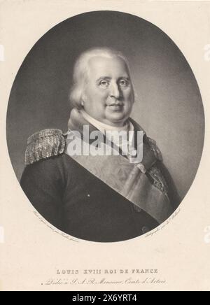 Porträt von Louis XVIII. Von Frankreich, Louis XVIII ROI de France (...) (Titel auf Objekt), Druck, Druckerei: Zéphirin Félix Jean Marius Belliard, (auf Objekt erwähnt), nach Malerei von Paulin Guérin, (auf Objekt erwähnt), Drucker: veuve Delpech (Naudet), (möglicherweise), Paris, um 1824, Papier, Höhe, 360 mm x Breite, 260 mm Stockfoto