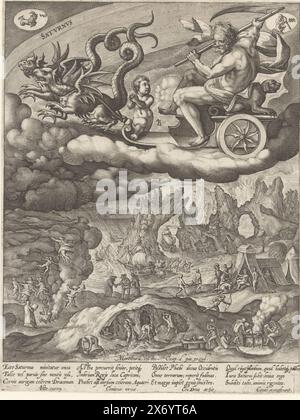 Jupiter, Ivpiter (Titel über Objekt), die sieben Planeten (Titel der Serie), Cathena Aurea Platonis (Titel der Serie), der Gott Jupiter als Personifikation des Planeten Jupiter in einem von Adlern gezogenen Triumphwagen. In seinen Händen hält er Donner und Blitze. In den oberen Ecken stehen die Sternzeichen, die seine planetarischen Kinder symbolisieren: Sagittarius und Fische. Unten auf der Erde sind diejenigen, die unter dem Einfluss dieses Planeten geboren wurden, an Aktivitäten beteiligt, die für diese Zeichen charakteristisch sind. Sie entwerfen und bauen einen Turm. Am Rand ein sechzehnzeiliges Gedicht, in vier Spalten, in lateinischer Sprache, das sich auf die bezieht Stockfoto