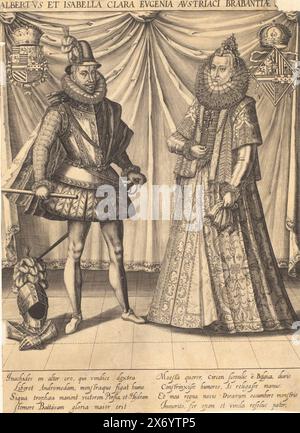 Porträt von Albert und Isabella von Österreich, Albertus et Isabella Clara Eugenia Austriaci Brabantiae (Titel auf Objekt), Doppelporträt, nebeneinander vor einem Vorhang stehend, in voller Länge, gekleidet nach der spanischen Hofmode von ca. 1600. Neben ihren Häuptern ihr Familienwappen. Mit 8 Untertitelzeilen in lateinischer Sprache., Print, Print Maker: Anonym, Low Countries, ca. 1600, Papier, Gravur, Höhe, 357 mm x Breite, 260 mm Stockfoto