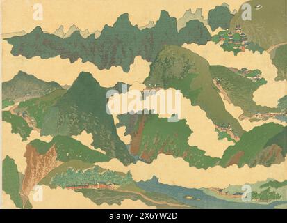 Der Teil des Gelben Flusses, Koga no maki (Titel auf dem Objekt), Teil 2 (von zwei); Papiereinband; Umschlag mit Bild eines Flusses in einer Berglandschaft, Titel in Gold auf dem Rücken; Umschlag und Endpapier mit einer Vogelperspektive der vom Künstler bereisten Gegend; ein Blatt, Titelseite; 2 Seiten, nummeriert: 1-3, Inhaltsverzeichnis; 89 Bilder von Menschen und Landschaften in China, mit Text auf gegenüberliegenden Seiten, nummeriert: 112-200; 40 Blatt, Text; letzte Seite, Kolophon., Buch, Druckerei: Fukuda Bisen, (erwähnt auf Objekt), Fukuda Bisen, (erwähnt auf Objekt), Okada Seijiro, (auf dem Objekt erwähnt), Tokio, 5. Oktober 1916 Stockfoto