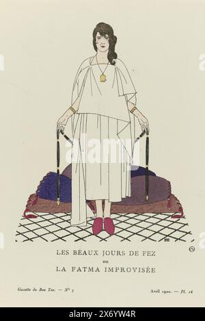 Gazette du Bon Ton, 1920 - Nr. 3, PL. 16: Les beaux jours de fez, ou, la fatma improvisée (Titel über Objekt), Frau in einem Kleid aus Krepp georgette. Ein Armband an beiden Armen, eine Halskette um den Hals und ein Gürtel in den Händen. Planche 16 aus Gazette du Bon Ton 1920, Nr. 3. Erläuterung der Kleidung auf Seite "Explication des Planches"., nach Entwurf von: Bernard Boutet de Monvel, (auf dem Gegenstand erwähnt), Druckerei: Anonym, Verlag: Lucien Vogel, (auf dem Gegenstand erwähnt), Verlag: Paris, Verlag: London, Verlag: Genève, Verlag: New York (City), Drucker: Paris, 1920, Papier Stockfoto