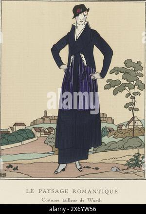 Gazette du Bon Ton, 1914 - Nr. 7, PL. 68: Le Paysage romantique, Kostüm tailleur de Worth (Titel auf Objekt), Frau in Landschaft, in einem Anzug von Worth, bestehend aus einem Rock aus blauem serge, einer Taffeta-Tunika und einem Kragen aus weißem Piqué. Planche 68 aus Gazette du Bon Ton 1914, Nr. 7. Erläuterung der Kleidung auf Seite "Explication des Planches"., nach Entwurf von Bernard Boutet de Monvel (auf dem Gegenstand erwähnt), Druckerei: Anonym, Worth, (auf dem Gegenstand erwähnt), Paris, Verlag: Paris, Verlag: Berlin, Verlag: London, Drucker: Paris, 1914, Papier, Buchdruck, Höhe, 247 mm Stockfoto