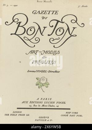 Gazette du Bon Ton. Art - Modes & Frivolités, 1920, 3. Année, Nr. 5 (Titel über Objekt), Folge Nr. 5, Juni 1920, aus der Gazette du Bon Ton, bestehend aus einem Cover, zwölf Abschnitten mit Text und Illustrationen und zwölf losen Drucken. Die folgenden Modedesigner trugen zu diesem Teil bei: Beer, Cheruit, Doeuillet, Doucet, Lanvin, Paquin, Paul Poiret, Redfern und Worth., Zeitschrift, Herausgeber: Lucien Vogel, (zum Gegenstand erwähnt), Herausgeber: the Field Press, (zum Gegenstand erwähnt), Herausgeber: Naville et Cie, (zum Gegenstand erwähnt), Herausgeber: Paris, Verlag: London, Verlag: Genève, Herausgeber Stockfoto