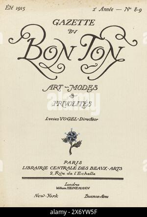 Gazette du Bon Ton. Art - Modes & Frivolités, 1915, 2. Année, Nr. 8-9 (Titel über Objekt), Episode Nr. 8.-9. Juni 1915, Gazette du Bon Ton, bestehend aus einem Cover, neun Abschnitten mit Text und Illustrationen und neun Einzelbildern. Die folgenden Modedesigner trugen zu diesem Teil bei: Cheruit, Doeuillet, Doucet, Lanvin, Poiret, Redfern, Worth, Bier, Callot, Martial et Armand, Jenny, Paquin and Premet., Zeitschrift, Verlag: Lucien Vogel, Verlag: Heinemann, (erwähnt am Objekt), Drucker: Imprimerie Studium, (erwähnt am Objekt), Verlag: Paris, Verlag: London, Drucker: Paris Stockfoto