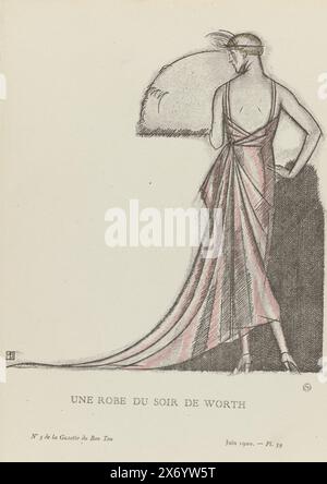 Gazette du Bon Ton, 1920 - No. 5: Une Robe du soir de Worth, stehende Frau, von hinten gesehen, in einem Abendkleid mit einem Zug von Worth. In der linken Seite ein großer Lüfter. Planche 39 aus Gazette du Bon Ton 1920, Nr. 5. Erläuterung der Kleidung auf Seite "Explication des Planches"., nach Entwurf von Bernard Boutet de Monvel (auf dem Gegenstand erwähnt), Druckerei: Anonym, Worth, (auf dem Gegenstand erwähnt), Verlag: Paris, Verlag: London, Verlag: Genève, Verlag: New York (City), Drucker: Paris, 1920, Papier, Buchdruck, Höhe, 244 mm x Breite, 191 mm Stockfoto