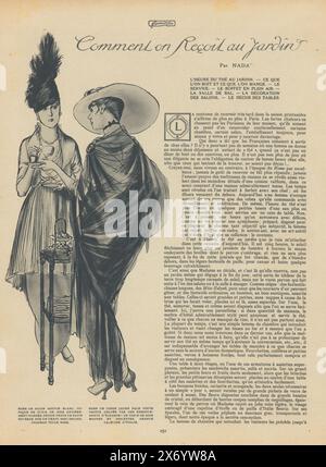 Femina, 1. Mai 1914, 14e Année, nein 19: Seite 251: Kommentar zu Recoit au Jardin?, Modemagazin Femina. 14. Année, nein 19: 1. Mai 1914. Seite 251: Zwei Frauen in Nachmittagskleidern oder "Teagowns", die an einer Staffel mit Snacks stehen, eine Tasse Tee in der Hand., Druck, Zeichner: Anonym, Herausgeber: Pierre Laffitte, (auf dem Gegenstand erwähnt), Paris, 1914, Papier, Höhe, 352 mm x Breite, 284 mm Stockfoto