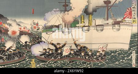 Nach dem großen Sieg der japanischen Armee in der Seeschlacht in der Nähe des Yalu-Flusses, Nihon kaigun daishôri Ôryokkôko kaisen (Titel auf dem Objekt), segeln japanische Marinesoldaten in Schleppzügen in Richtung Land an der Mündung des Yalu-Flusses in Korea. Chinesische Soldaten stürzen in das tosende Wasser. Die Seeschlacht in der Nähe des Yalu-Flusses ist auch bekannt als die Schlacht am Gelben Meer am 17. September 1894 während des Ersten Chinesisch-Japanischen Krieges (1894–1895)., Druck, Druckerei: Watanabe Nobukazu, (erwähnt auf dem Objekt), Verlag: Hasegawa Sonokichi, (erwähnt auf dem Objekt), Japan, 1894, Papier, Farbholzschnitt, Polieren Stockfoto
