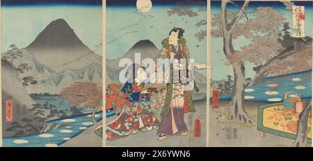 Der Mond spiegelte sich in den Reisfeldern von Shinano, Shinshû tagoto no tsuki (Titel auf Objekt), Prinz Genji und einer Dame, während der Vollmond in den Reisfeldern reflektiert. Teil eines Triptychons., Druck, Druckerei: Kunisada (II), Utagawa, (auf dem Gegenstand erwähnt), Druckerei: Hiroshige (II), Utagawa, (auf dem Gegenstand erwähnt), Koizumi Minokidai, (auf dem Gegenstand erwähnt), Japan, 1861, Papier, Farbholzschnitt, Höhe, 373 mm x Breite, 261 mm Stockfoto