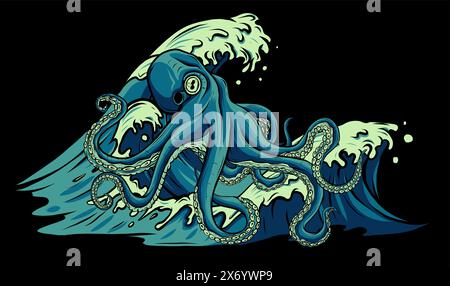 Vektor-Illustration eines Cartoon-Oktopus mit Meereswelle auf schwarzem Hintergrund Stock Vektor