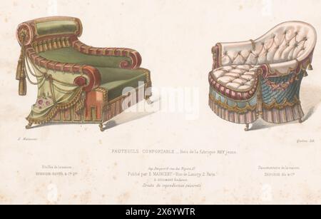 Zwei Sessel, bequeme Sessel (Titel auf Objekt), Le Garde-meuble, Collection de Sièges (Serie Titel auf Objekt), zwei Sessel. Druck aus dem 283. Livraison., Druck, Druckerei: Quéton, (auf dem Objekt erwähnt), Drucker: Becquet frères, (zum Gegenstand erwähnt), Herausgeber: Eugène Maincent, (zum Gegenstand erwähnt), Paris, 1885 - 1895, Papier, Höhe, 276 mm x Breite, 361 mm Stockfoto