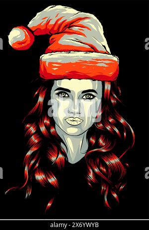 Vektor-Illustration einer schönen Frau mit Weihnachtsmann Hut auf schwarzem Hintergrund Stock Vektor