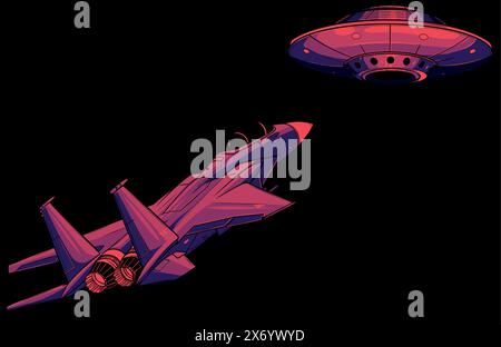Vektorabbildung in abgewickelter Form. ufo-Kampf gegen Jet auf schwarzem Hintergrund Stock Vektor