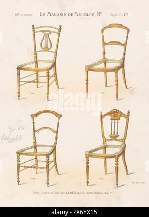 Vier Stühle, Chaises Légères (Titel auf Objekt), Le Magasin de Meubles, Sièges (Titel auf Objekt), vier Stühle. Druck aus dem 60. Livraison., Druck, Druckerei: Anonym, nach Entwurf: Victor Léon Michel Quétin, (auf dem Objekt erwähnt), Drucker: Victor Léon Michel Quétin, (auf dem Objekt erwähnt), Paris, 1878 - in oder nach 1904, Papier, Höhe, 359 mm x Breite, 265 mm Stockfoto