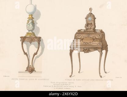 Konsolentisch und Schreibtisch, Petite Konsole Louis XV. Susdue, Bureau de Dame Louis Print from 319e Livraison., Druck, Druckerei: Chanat, (auf dem Objekt erwähnt), Drucker: Becquet frères, (zum Gegenstand erwähnt), Herausgeber: Eugène Maincent, (zum Gegenstand erwähnt), Paris, 1885 - 1895, Papier, Höhe, 273 mm x Breite, 358 mm Stockfoto