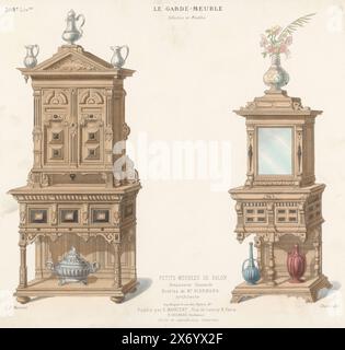 Zwei Schränke, Petit meubles de Salon Renaissance Flamance (Titel auf Objekt), Le Garde-meuble, Collection de Meubles (Serie Titel auf Objekt), zwei Renaissance-Schränke. Druck aus dem 308. Livraison., Druck, Druckerei: Chanat, (auf dem Objekt erwähnt), Drucker: Becquet frères, (zum Gegenstand erwähnt), Herausgeber: Eugène Maincent, (zum Gegenstand erwähnt), Paris, 1885 - 1895, Papier, Höhe, 274 mm x Breite, 360 mm Stockfoto