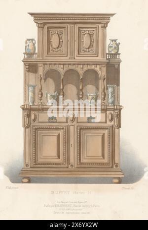 Sideboard, Buffet Henri II (Titel auf Objekt), Le Garde-meuble, Collection de Meubles (Titel auf Objekt), Ein Sideboard im Stil Henry II. Druck vom 291. Livraison., Druck, Druckerei: Chanat, (auf dem Objekt erwähnt), Drucker: Becquet frères, (zum Gegenstand erwähnt), Herausgeber: Eugène Maincent, (zum Gegenstand erwähnt), Paris, 1885 - 1895, Papier, Höhe, 357 mm x Breite, 275 mm Stockfoto