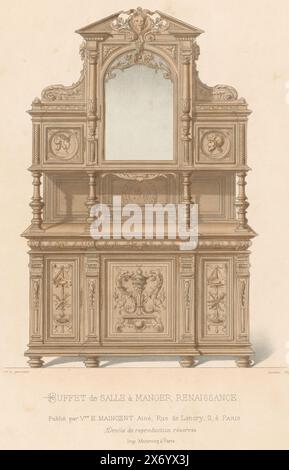 Sideboard, Buffet de salle à Manger Renaissance (Titel auf Objekt), Le Garde-meuble, Collection de Meubles (Titel auf Objekt), Ein Sideboard aus der Renaissance, das für einen Speisesaal bestimmt ist. Druck ab 353. Ausgabe (Livraison)., Druck, Druckerei: Chanat, (auf dem Objekt erwähnt), Drucker: Monrocq, (zum Gegenstand erwähnt), Herausgeber: weduwe Eugène Maincent, (zum Gegenstand erwähnt), Paris, 1895 - 1935, Papier, Höhe, 364 mm x Breite, 271 mm Stockfoto