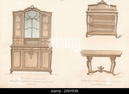 Sideboard, Schrank und Tisch, Buffet Louis XV, Servante et table (Titel auf Objekt), L'ameublement, Collection Simple (Titel auf Objekt), Sideboard, niedriger offener Schrank und Tisch im Stil Louis XV. Druck aus dem 300. Livraison., Druck, Druckerei: Léon Laroche, (erwähnt auf Objekt), Drucker: Monrocq, (erwähnt auf Objekt), Verlag: weduwe Eugène Maincent, (erwähnt auf Objekt), Paris, 1895, Papier, Höhe, 274 mm x Breite, 359 mm Stockfoto