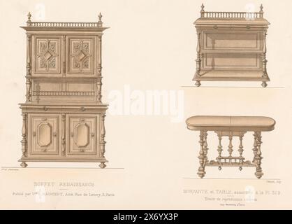 Sideboard, Schrank und Tisch, Buffet Renaissance, Servante et Table (Titel auf Objekt), L'ameublement, Collection Simple (Titel auf Objekt), Ein Renaissance Sideboard, offener Schrank und Tisch. Druck von 293. Livraison., Druck, Druckerei: Chanat, (auf dem Objekt erwähnt), Drucker: Monrocq, (zum Gegenstand erwähnt), Herausgeber: weduwe Eugène Maincent, (zum Gegenstand erwähnt), Paris, 1895, Papier, Höhe, 275 mm x Breite, 356 mm Stockfoto
