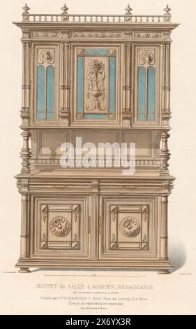 Sideboard, Buffet de salle à Manger, Renaissance (Titel auf Objekt), Le Garde-meuble, Collection de Meubles (Serie Titel auf Objekt), Ein Sideboard aus der Renaissance für einen Speisesaal. Druck ab 348. Ausgabe (Livraison)., Druck, Druckerei: Chanat, (auf dem Objekt erwähnt), Drucker: Monrocq, (zum Gegenstand erwähnt), Herausgeber: weduwe Eugène Maincent, (zum Gegenstand erwähnt), Paris, 1895 - 1935, Papier, Höhe, 359 mm x Breite, 275 mm Stockfoto