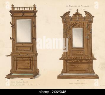 Zwei Möbelstücke mit Spiegel und Garderobenständern, Porte Parapluies Henri II (Titel auf Objekt), Le Magasin de Meubles (Serientitel auf Objekt), zwei Möbelstücke mit Spiegel, Garderobenständer und Schirmständer im Stil Heinrich II. Druck aus dem 86. Livraison., Druck, Druckerei: Anonym, nach Entwurf: Victor Léon Michel Quétin, (auf dem Objekt erwähnt), Drucker: Victor Léon Michel Quétin, (auf dem Objekt erwähnt), Paris, 1878 - in oder nach 1904, Papier, Höhe, 275 mm x Breite, 359 mm Stockfoto