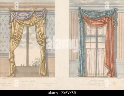 Zwei Fenster mit Vorhängen, Croisée Drapée (Titel auf Objekt), L'ameublement, Collection Simple (Serientitel), zwei Fenster mit Vorhängen. Druck aus dem 290. Livraison., Druck, Druckerei: Léon Laroche, (erwähnt auf Objekt), Drucker: Monrocq, (erwähnt auf Objekt), Verlag: weduwe Eugène Maincent, (erwähnt auf Objekt), Paris, 1895, Papier, Höhe, 275 mm x Breite, 355 mm Stockfoto