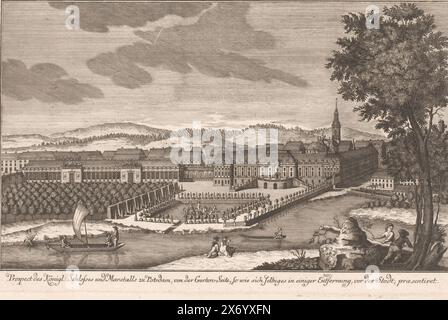 Blick auf das Potsdamer Stadtschloss, seine Ställe und Gärten, Prospect des Königl. Schlosses und Marstalls zu Potsdam, von der Garten-Site (...), nummeriert oben rechts: 39., Druck, Druckerei: Anonym, Verlag: Johann David Schleuen (I), 1751 - 1774, Papier, Radierung, Gravur, Höhe, 208 mm x Breite, 323 mm Stockfoto